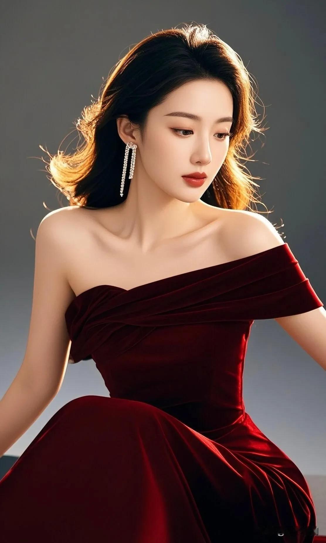 酒红丝绒裹着肩线的柔，碎钻长坠在发梢光影里轻晃。垂眸时，唇色浸了薄光，把冷调背景