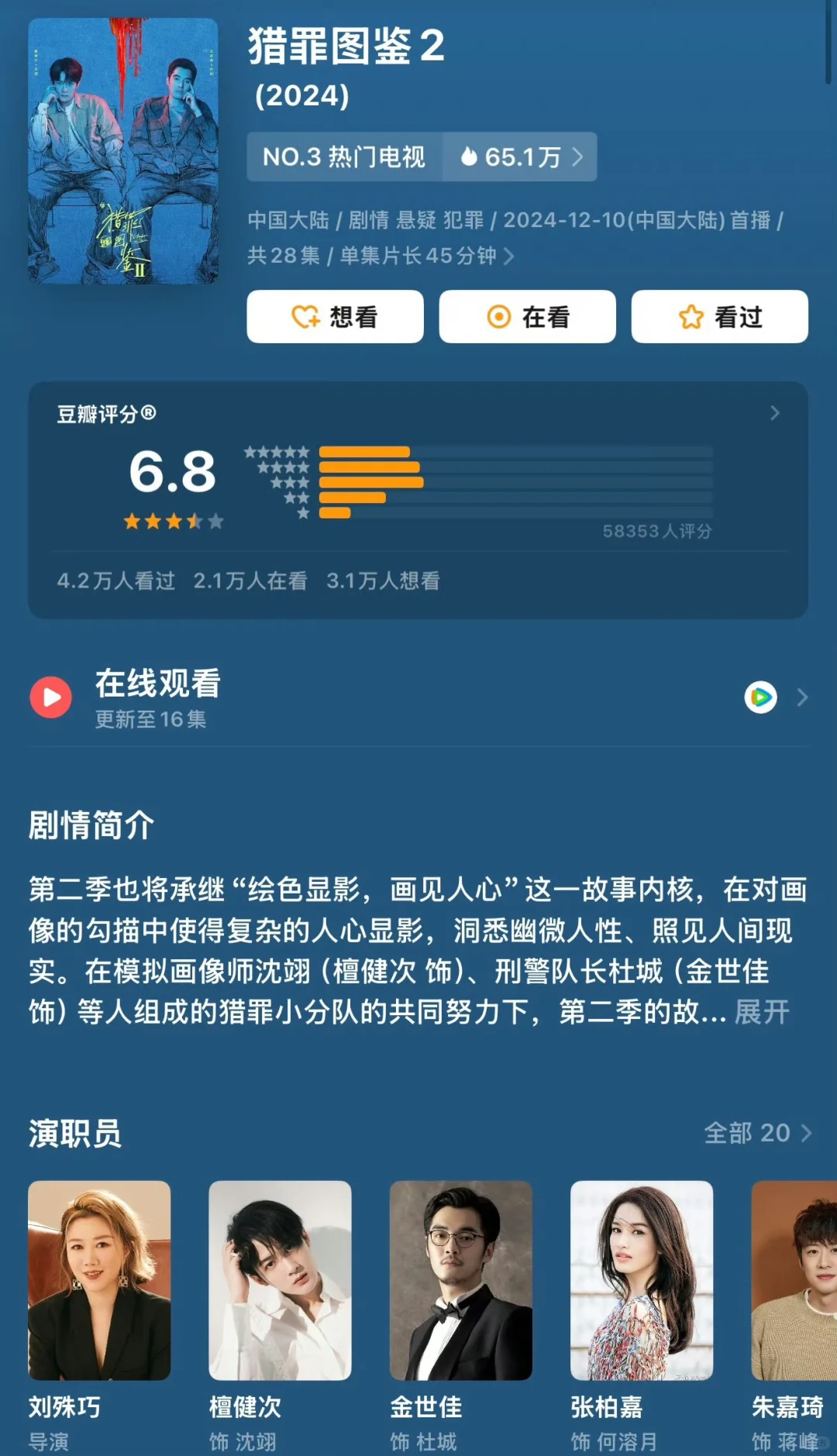 《猎罪图鉴2》豆瓣开分6.8，第一季7.6✍🏻