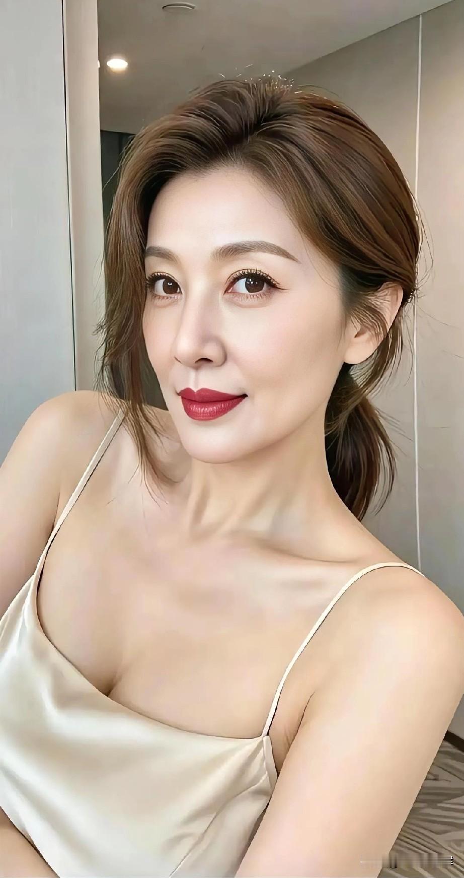 缎光吻肩颈，米白裹温柔。

发梢垂静雅，朱唇点从容。

室内藏清辉，气质自生香。