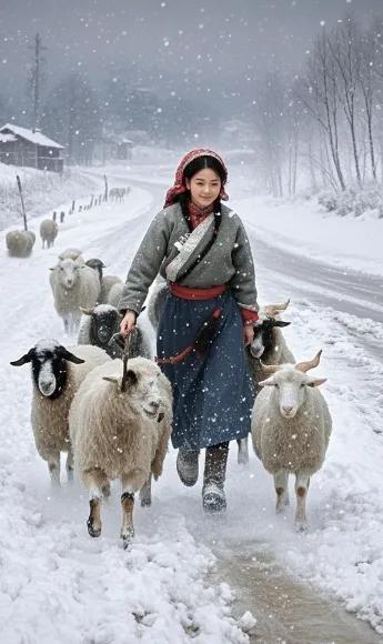 雪花飞舞中，牧羊少女与羊群同行，雪景如画，冬日温馨。草原的冬日 在美丽的冬季