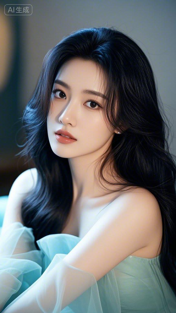 梦幻少女，柔美发丝，浅蓝裙摆，宛如仙境。