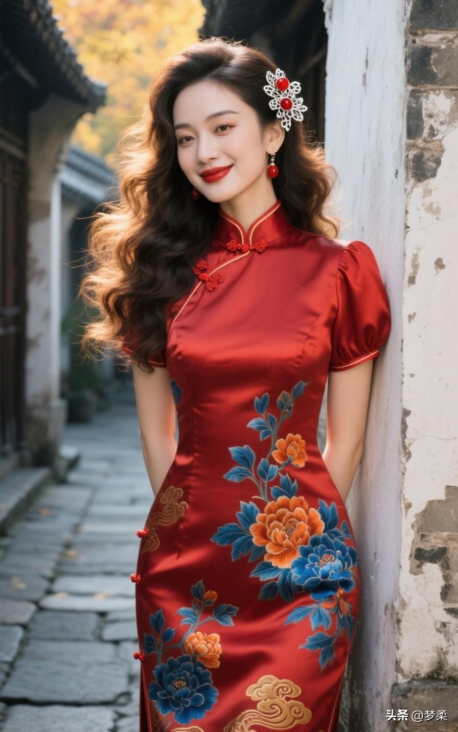复古旗袍照，红唇与秋叶相映成趣，古典韵味十足！