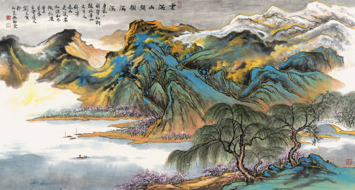 中国美协会员刘文顺老师的《云满山头树满溪》，以青绿山水融汇道家风水智慧：层峦叠嶂