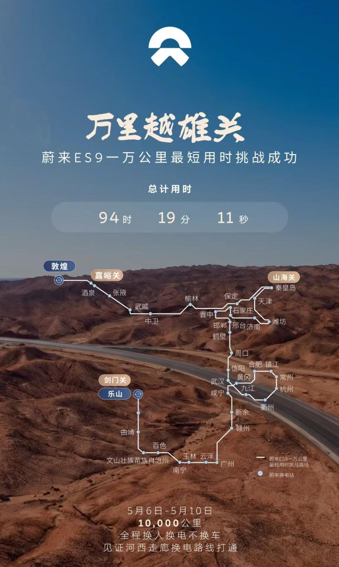 蔚来 5月10日上午10点19分，蔚来ES9「万里越雄关」一万公里最短用时挑战车
