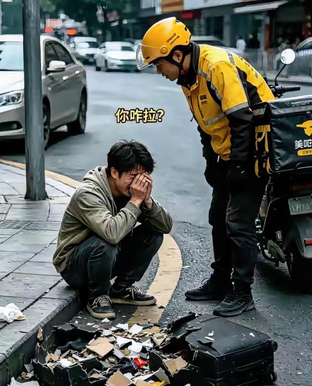 近日深圳一位19岁小伙蹲在路边崩溃大哭，行李被车压碎，身无分文。路过的外卖小哥停
