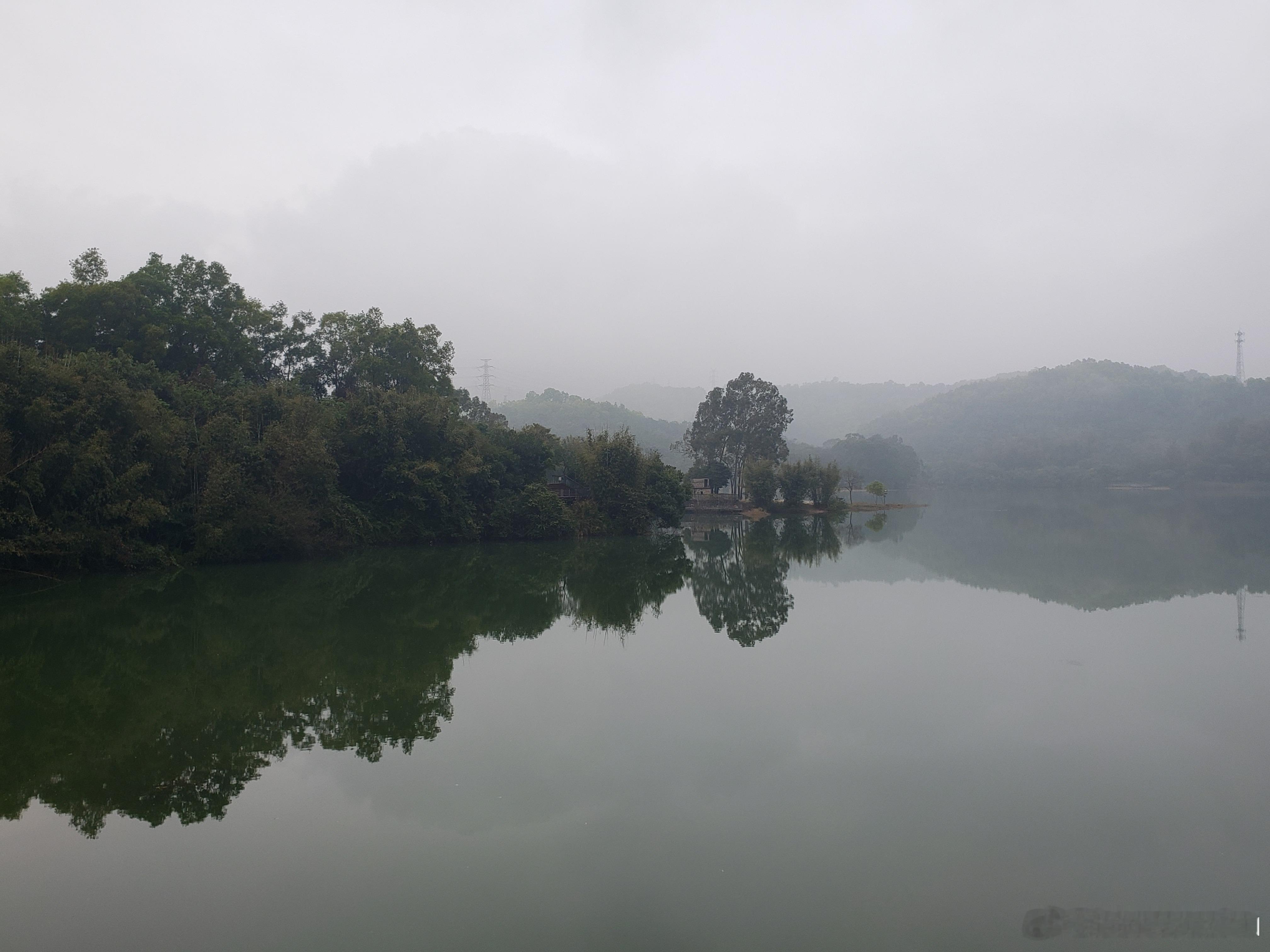 摄影[超话]  金钟湖公园  雾中静谧的湖景 