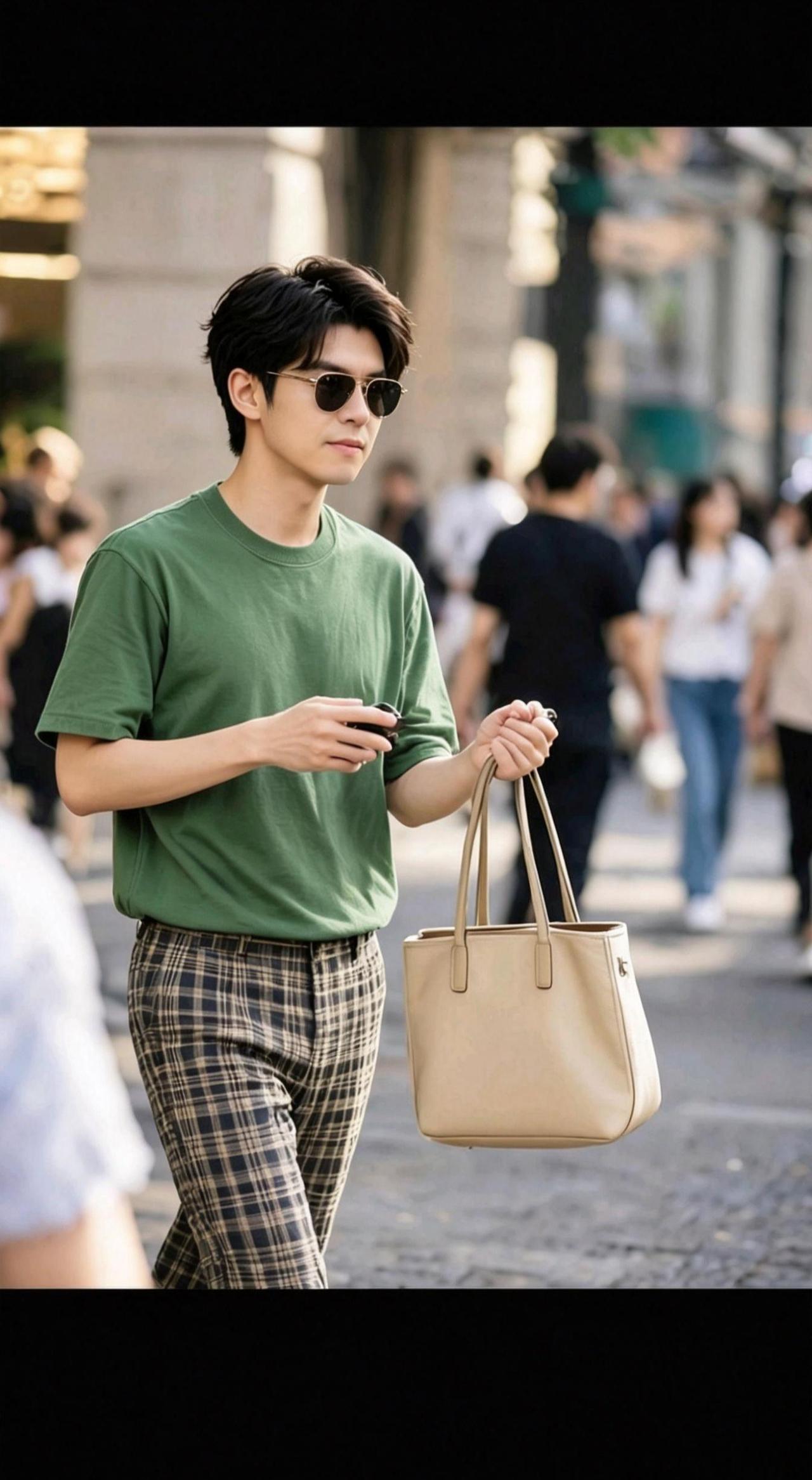 🕶️夏日街头的风都变温柔～
绿T恤撞格纹裤，像把春天穿在身上🌿
步履生风，自