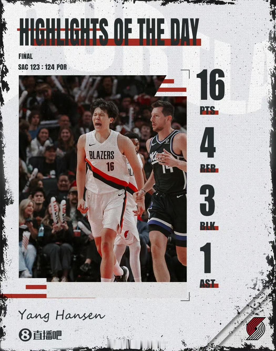 比卢普斯为杨瀚森感到骄傲NBA季前赛，开拓者124-123险胜国王，杨瀚森迎来季
