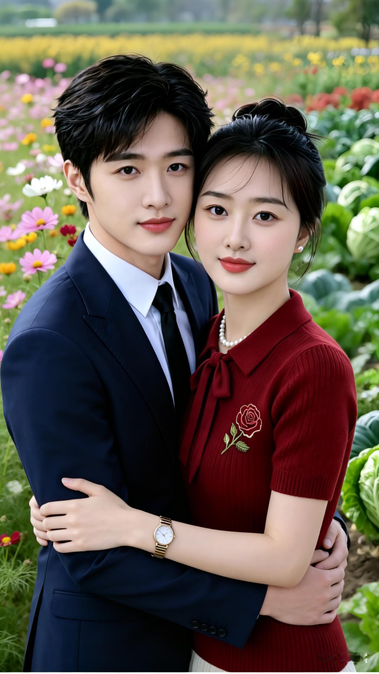 一对情侣在花田里甜蜜拥抱。
这对夫妇你觉得相配吗