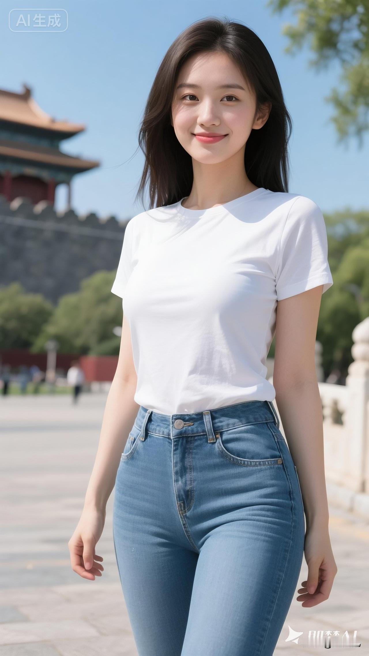 简约白色T恤+牛仔裤，清新自然，元气满满！🌞👗👖