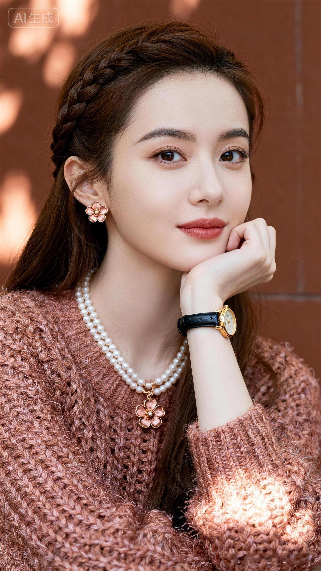 鸭蛋脸美女，棕褐长发一侧编辫，玫瑰金花朵耳饰配叠戴项链，黑带金盘手表衬粗针毛衣，