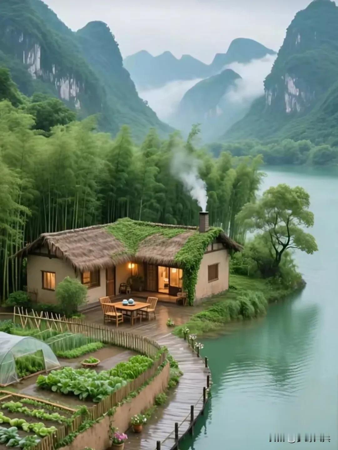 在大山深处，发现有一栋美丽的小屋，面朝湖光山色，屋边是竹林，静谧安详，让人心旷神