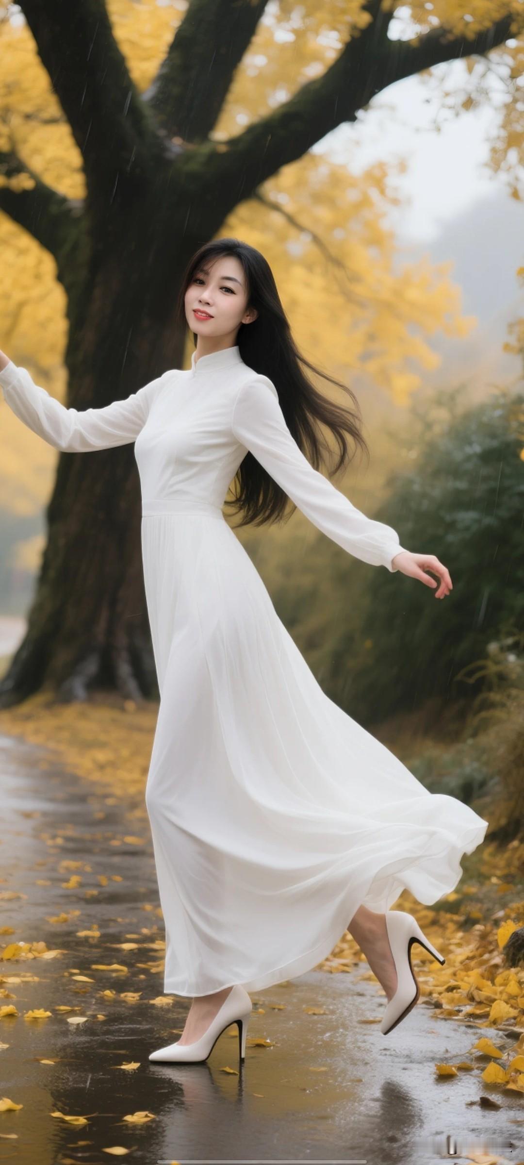 雨中漫步，白色长裙飘逸动人，秋意浓浓。
