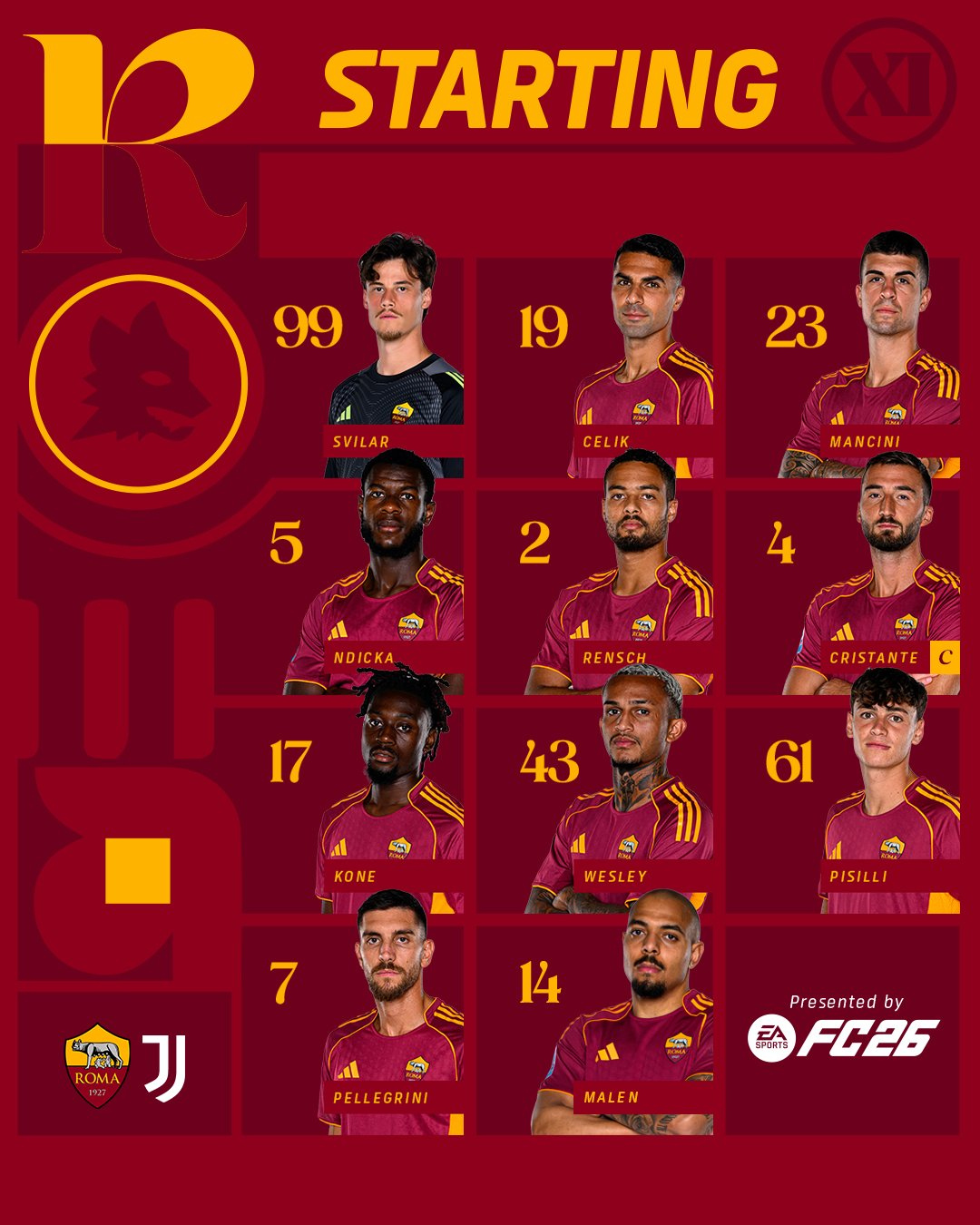 佩莱格里尼+皮西利双前腰，后防线上没有使用吉拉尔迪，而是用了伦施…斯维拉尔 / 