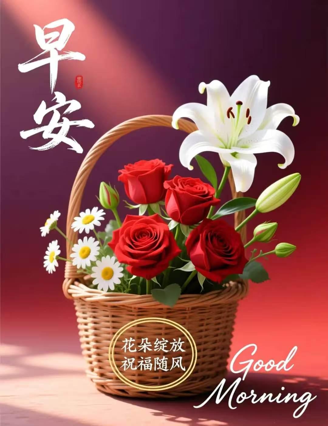 晨光祝你吉祥，
春風送你安康，
暖陽給你快樂，
友誼讓你幸福。
早上好！[玫瑰]