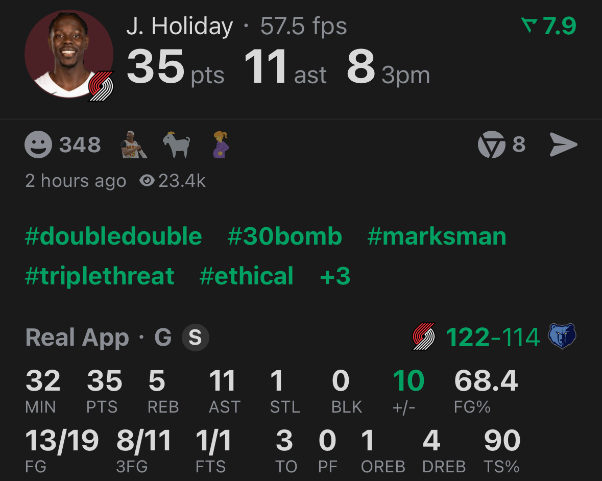 罗威20分11篮板3盖帽，得分赛季新高。朱哥35分11助攻，得分赛季新高，8记三