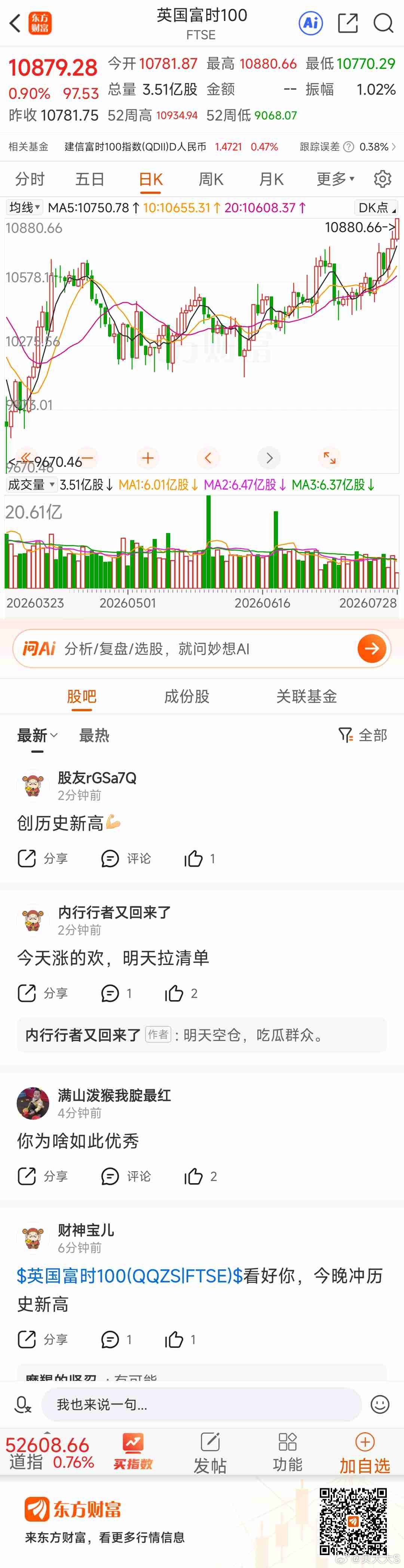 东方财富英国富时100（FTSE）东方财富 英国股票创历史新高 