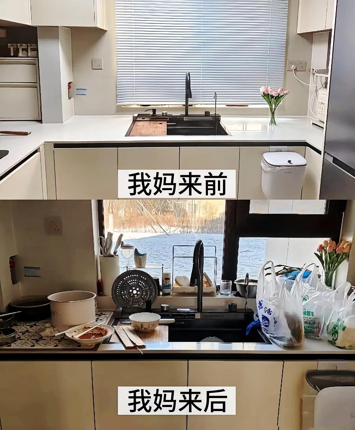 厨房前后两张图！妈妈一来，精致小屋瞬间充满烟火气

居家日常 妈妈来了