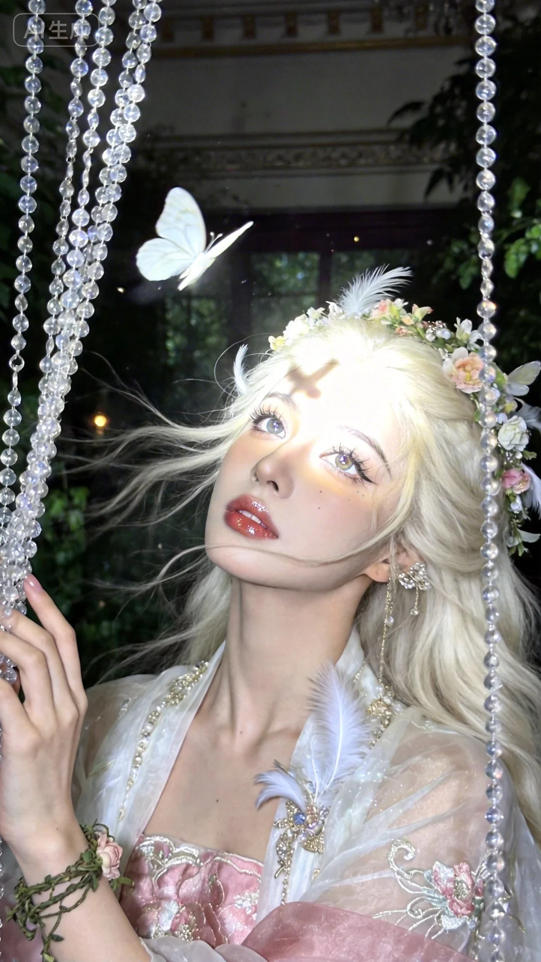 邀请镜中世界破碎，幽静的森林里慵懒地坐着一个金白长发女孩儿，与一只白色蝴蝶嬉戏