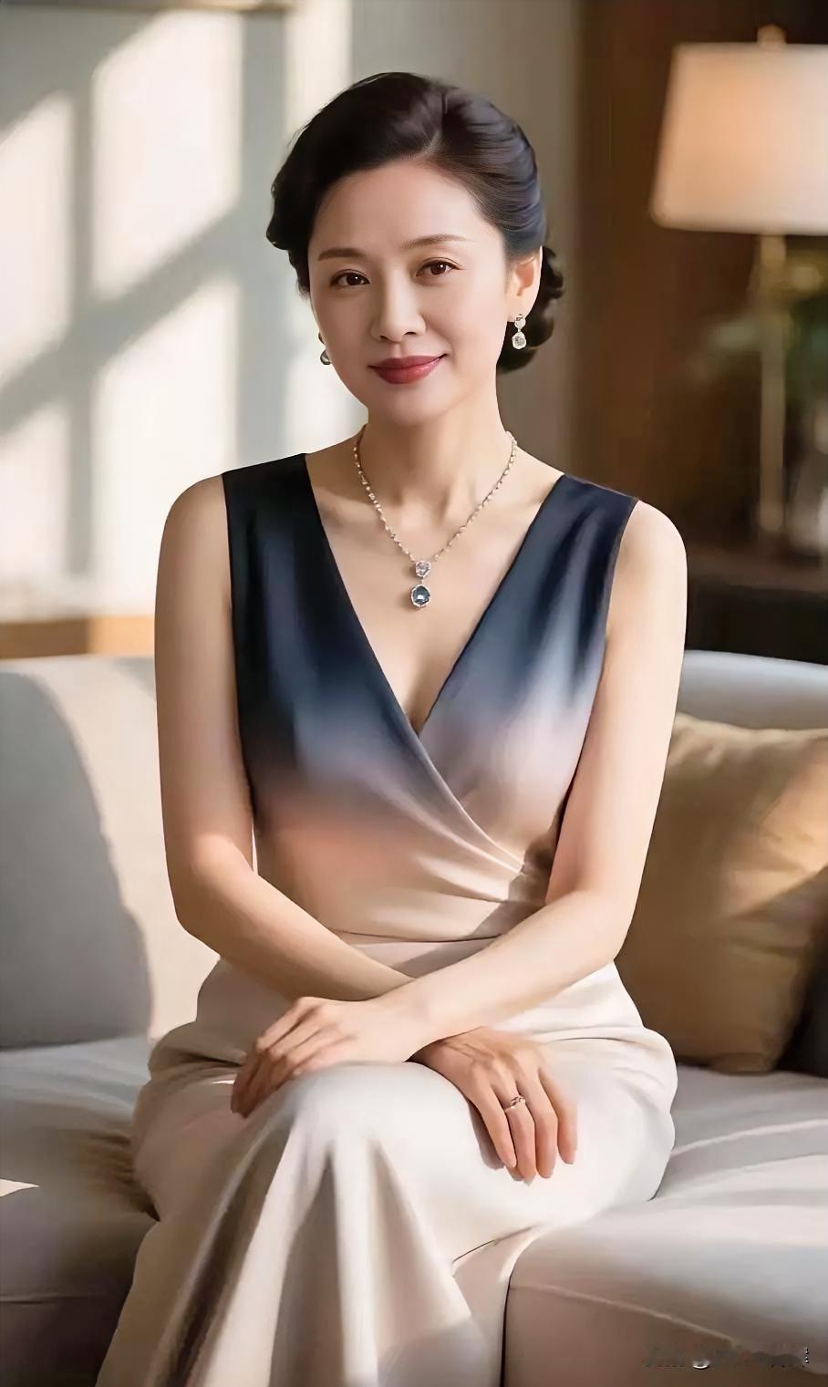 暖光漫过窗棂，晕开一室温柔。
渐变裙裾载着岁月沉淀，珍珠项链缀着优雅风骨。
眉眼