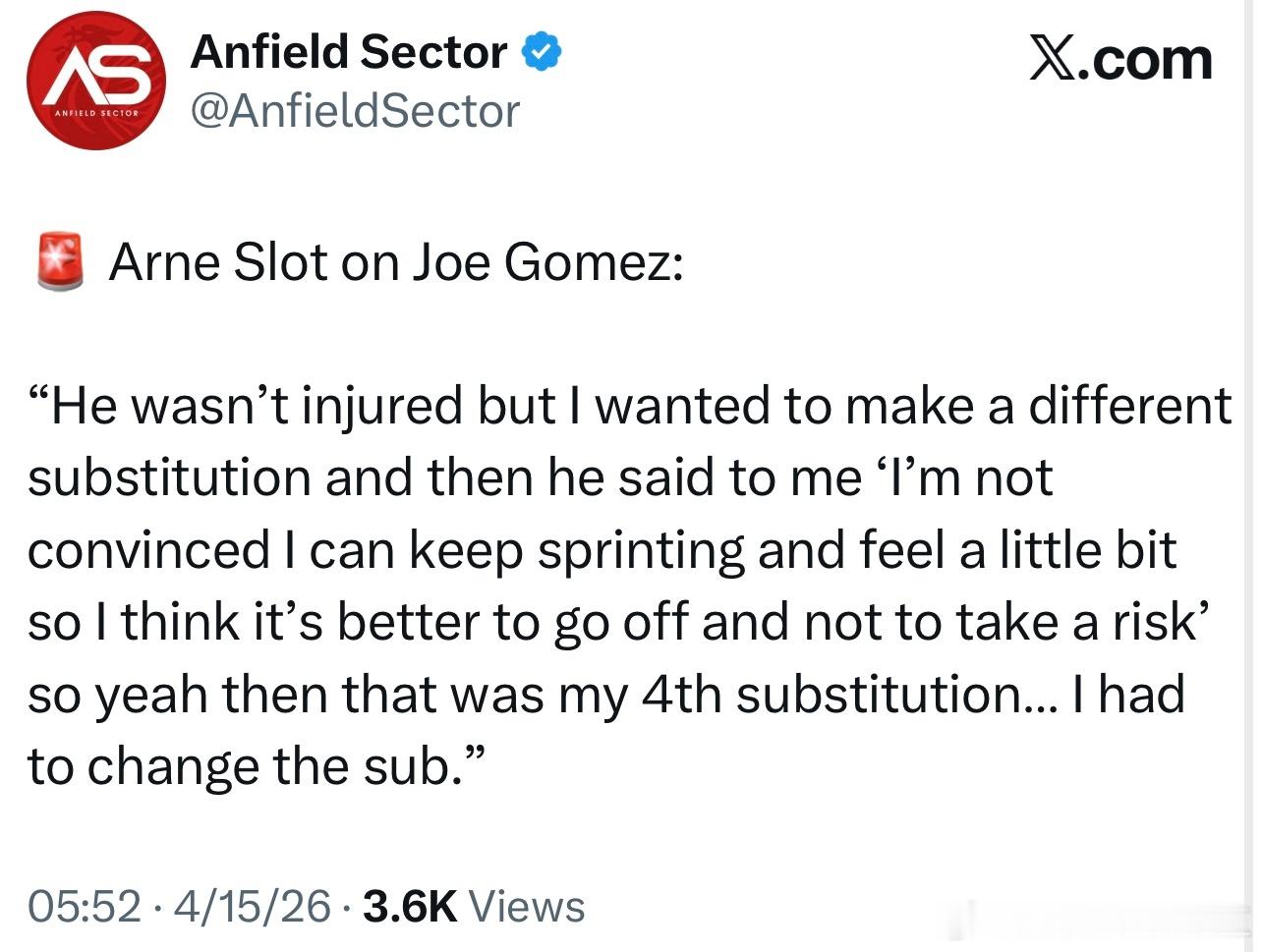 斯洛特谈换下戈麦斯，这意思是换人之前他还没事呢所以想用恩古莫哈换下的是其他人，但