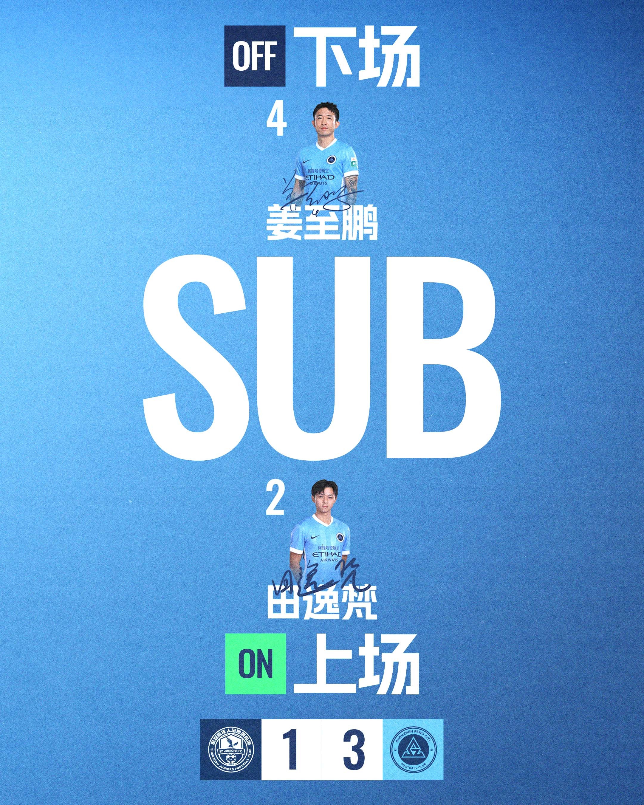 第78分钟，深圳新鹏城换人田逸梵登场换下姜至鹏深圳青年人vs深圳新鹏城中国足协杯