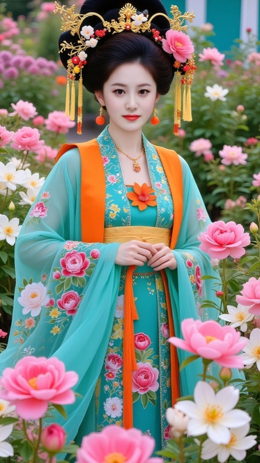 穿越千年的美丽，花海中的古装美人