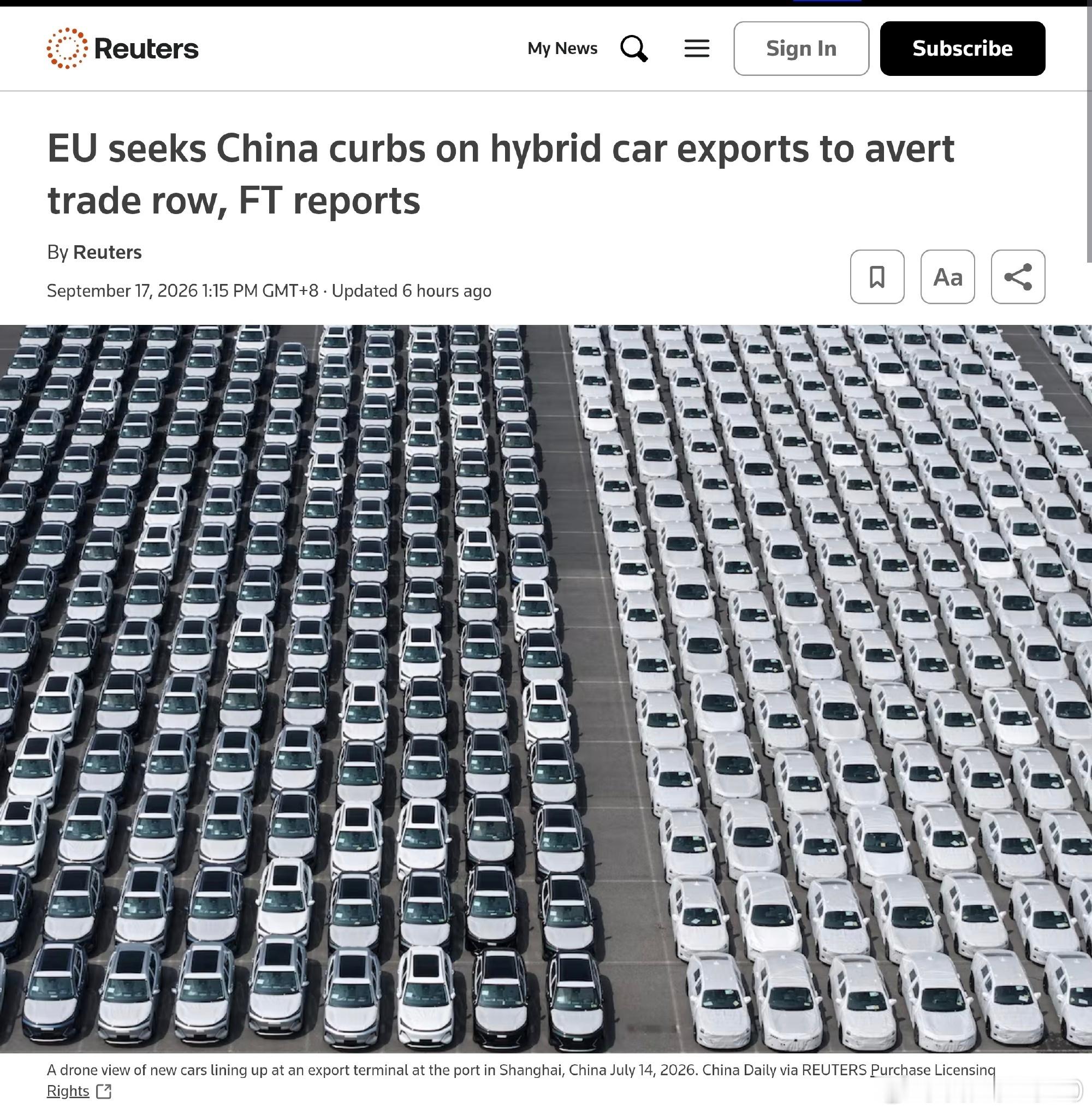 据报道，欧盟已要求中国限制其混合动力汽车出口，以避免贸易战。据知情人士称，布鲁塞