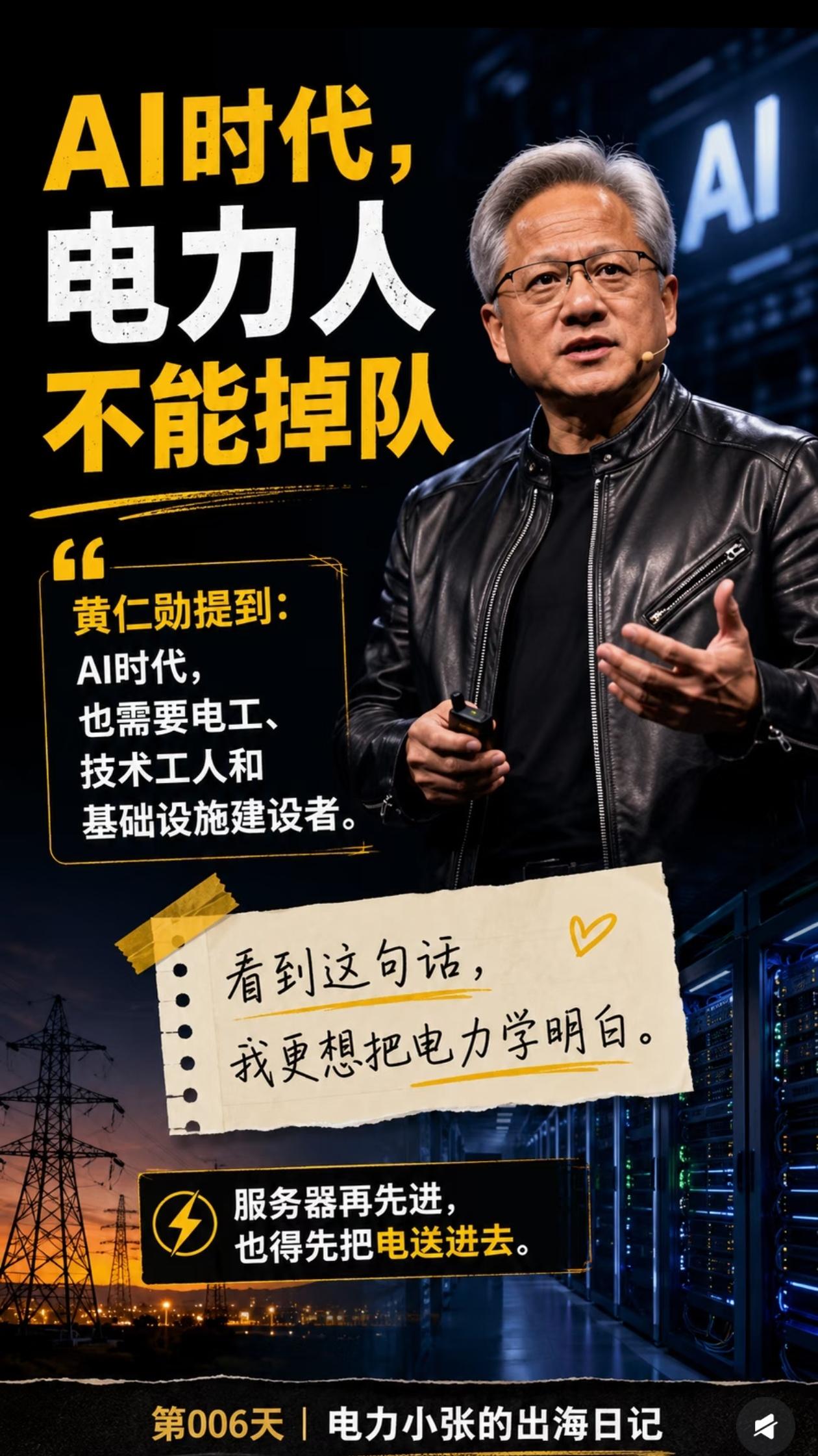 AI再牛，终究绕不开电网和电工✨
 
谁能想到，英伟达黄仁勋一句话，点破了AI时