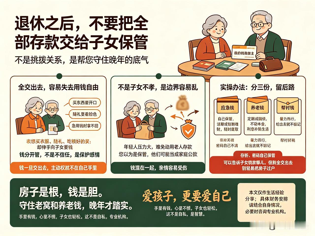 退休之后，不要把全部存款交给子女保管？

很多老伙计退休后，觉得钱放自己手里不安