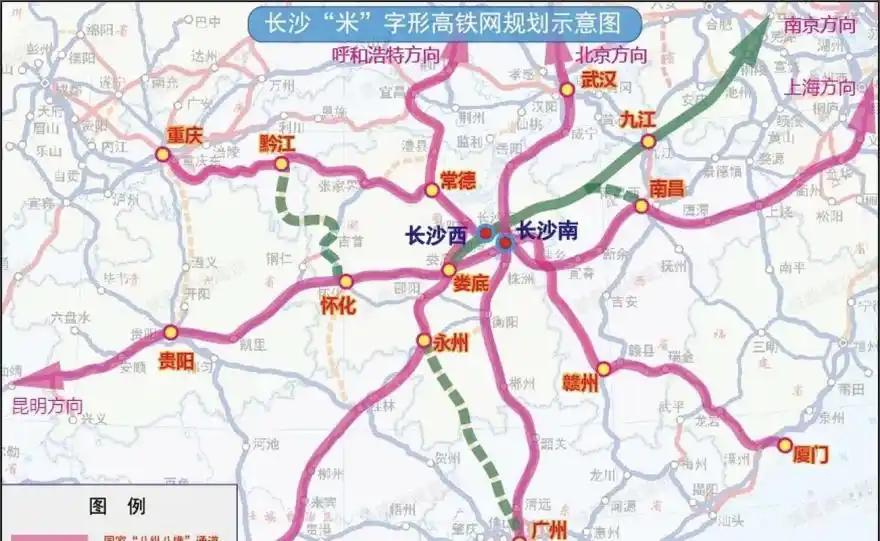 长沙米字形高铁还差哪几条线路?
5条已经建成，1条在建，2条规划中。

1.已建