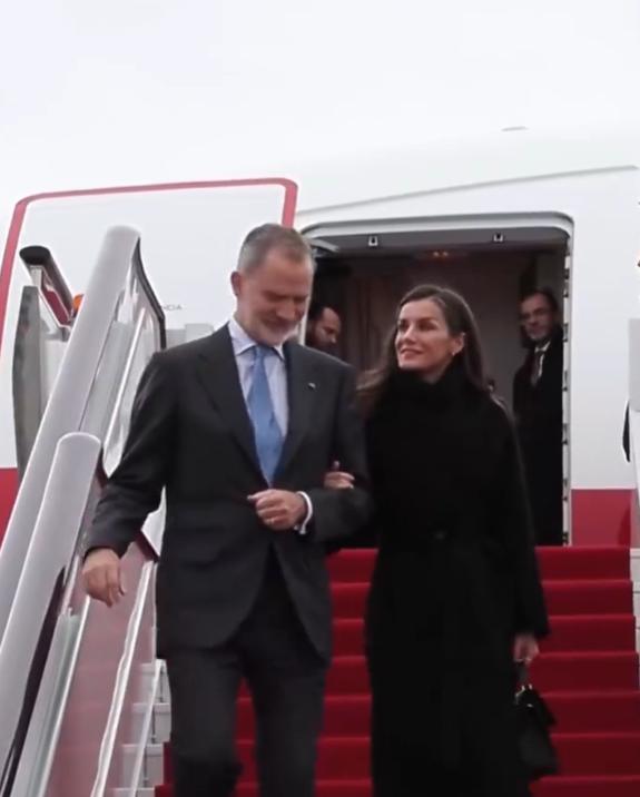 西班牙国王与莱蒂齐亚夫妻情深，挽着胳膊下飞机！11月10日费利佩国王和莱蒂齐亚王