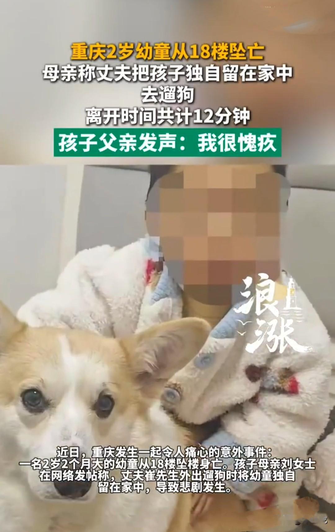 重庆两岁幼儿从18楼坠亡，当时父亲外出遛狗，把幼儿单独放在家中，结果发生了悲剧。
