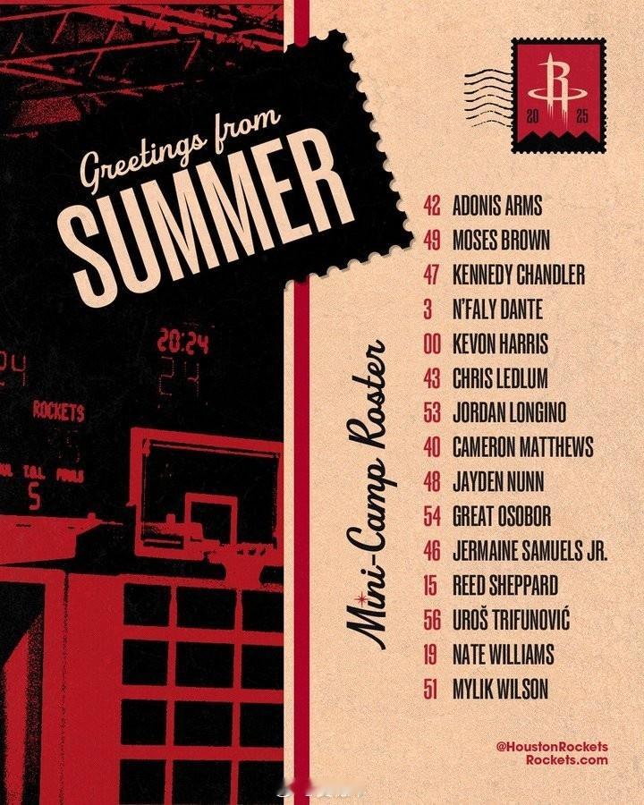 火箭公布参加今年NBA夏季联赛的阵容名单，前广东外援阿姆斯名列其中，他将身穿42