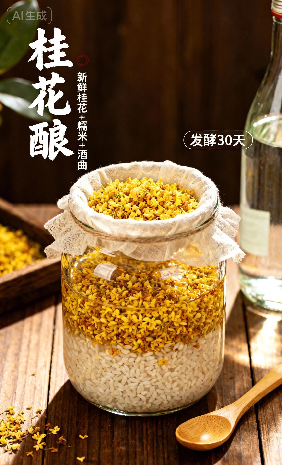 “桂花酿”的做法

糯米、干桂花、甜酒曲、凉白开

根据自己口味：黄小米、白糖、