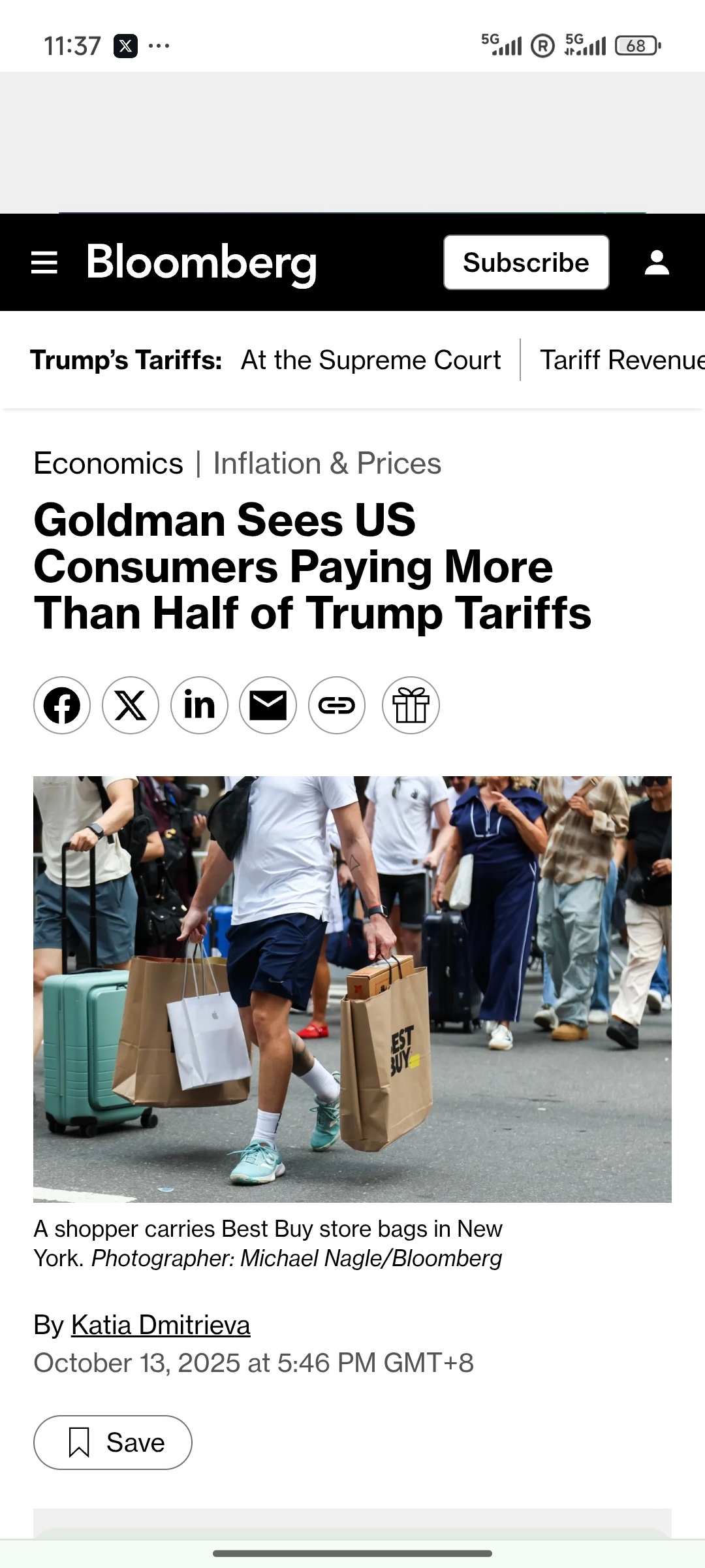 彭博社：高盛集团经济学家表示，到今年年底，美国消费者可能要承担 55% 的关税成