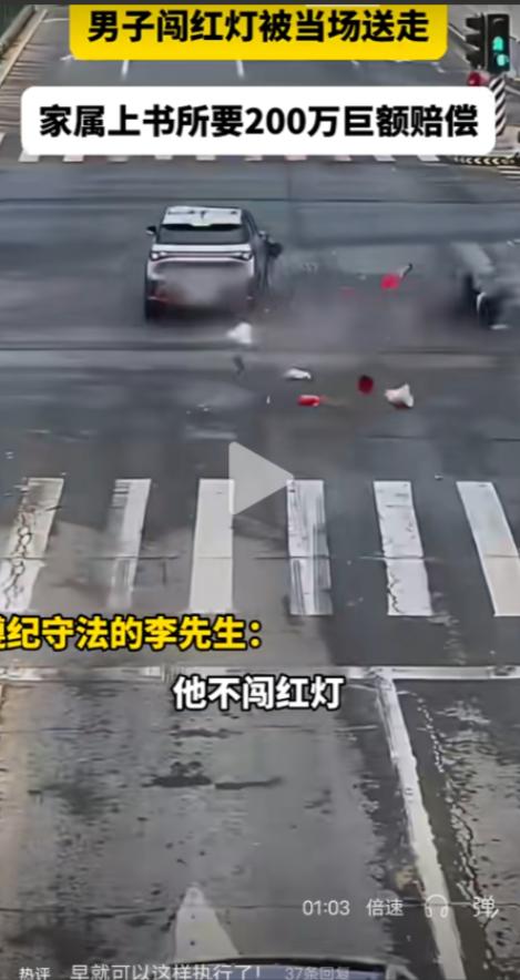 “他不闯红灯我能撞死吗？红绿灯难道是装饰吗？别说二百万了，一分钱我都不会赔。”守