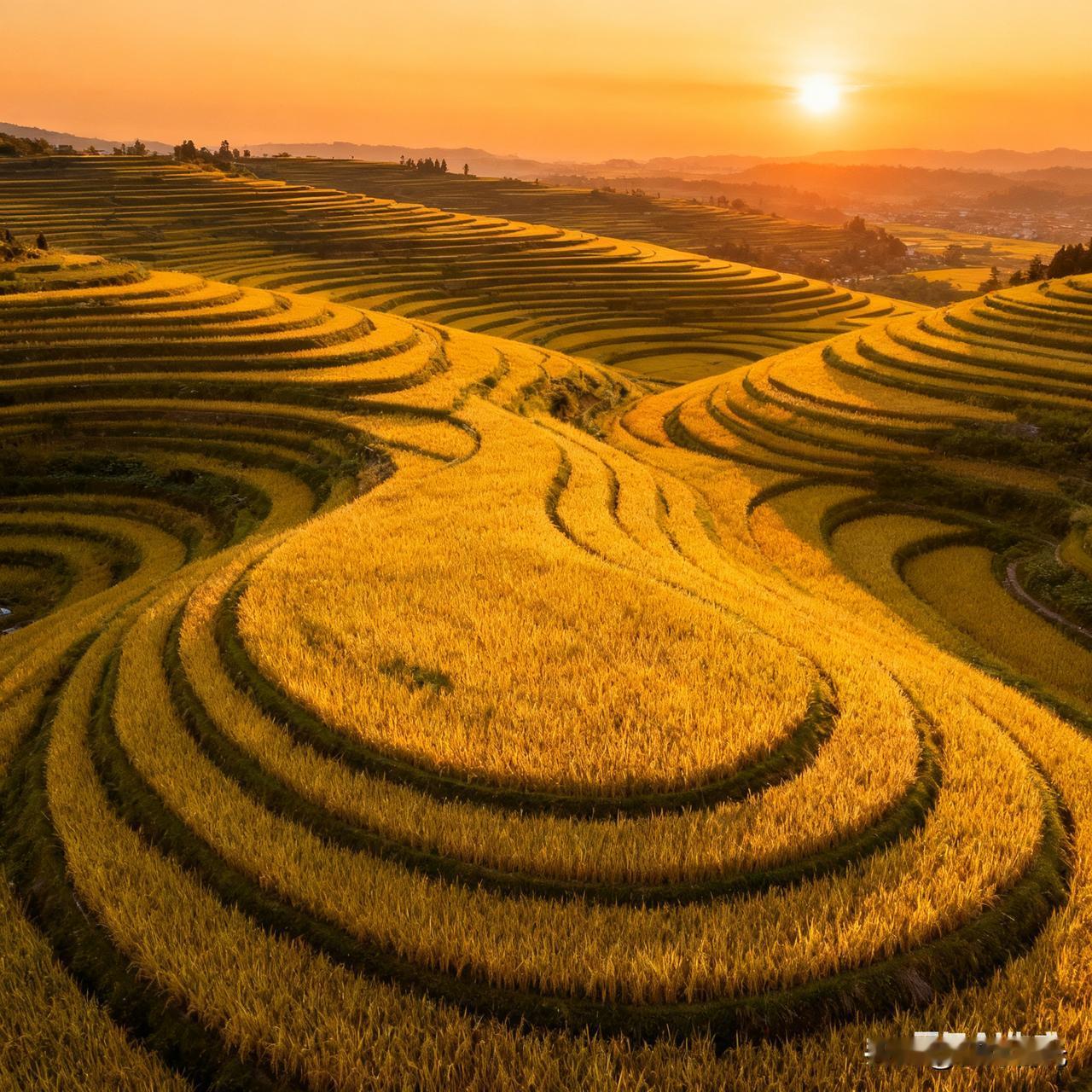 金黄的秋
 
夕阳把最后一捧暖光泼在梯田上，稻浪便裹着金箔起伏。
 
老农蹲在田