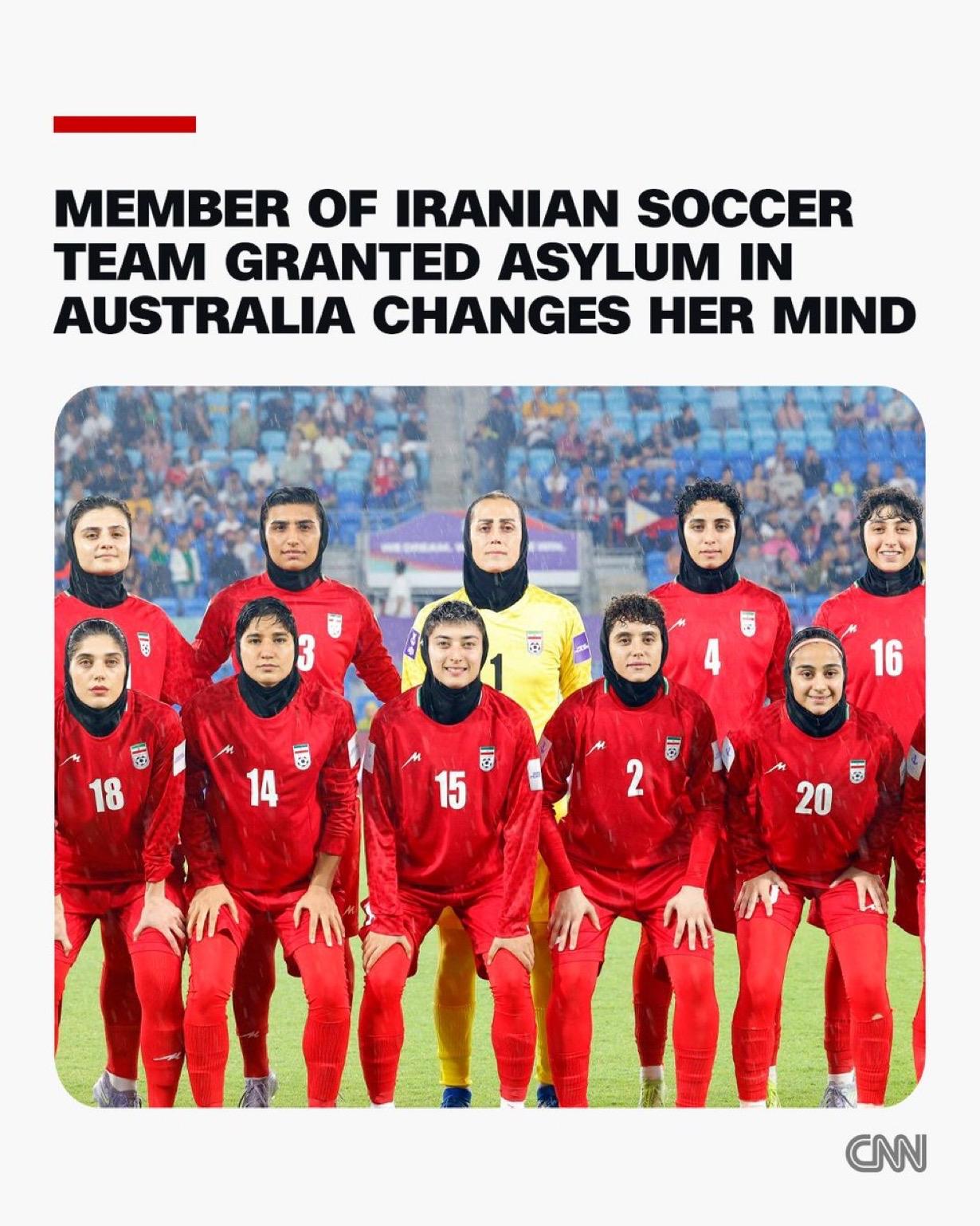 澳大利亚政府表示，七名在澳大利亚获得庇护的伊朗女足球运动员中，有一人改变了主意，