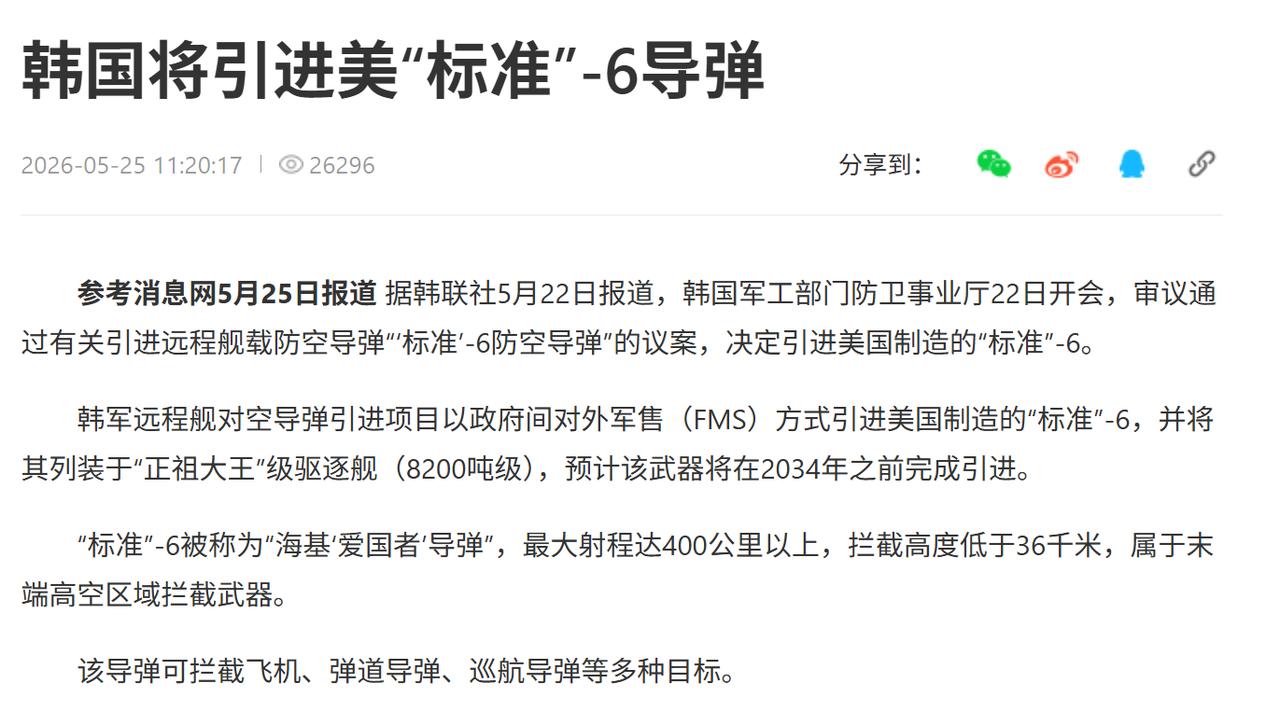 韩国将引进美“标准”-6导弹。
这肯定是，为应对来自半岛北部的威胁而准备的。
但