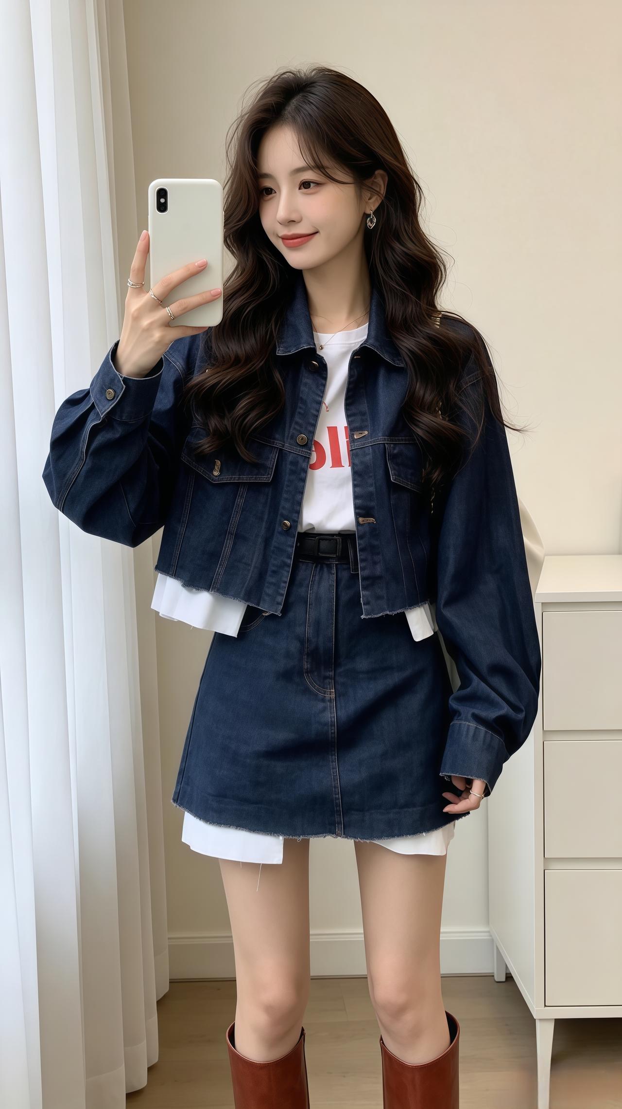 牛仔外套搭配短裙 韩系欧尼套装 韩系穿搭穿搭 ootd穿搭