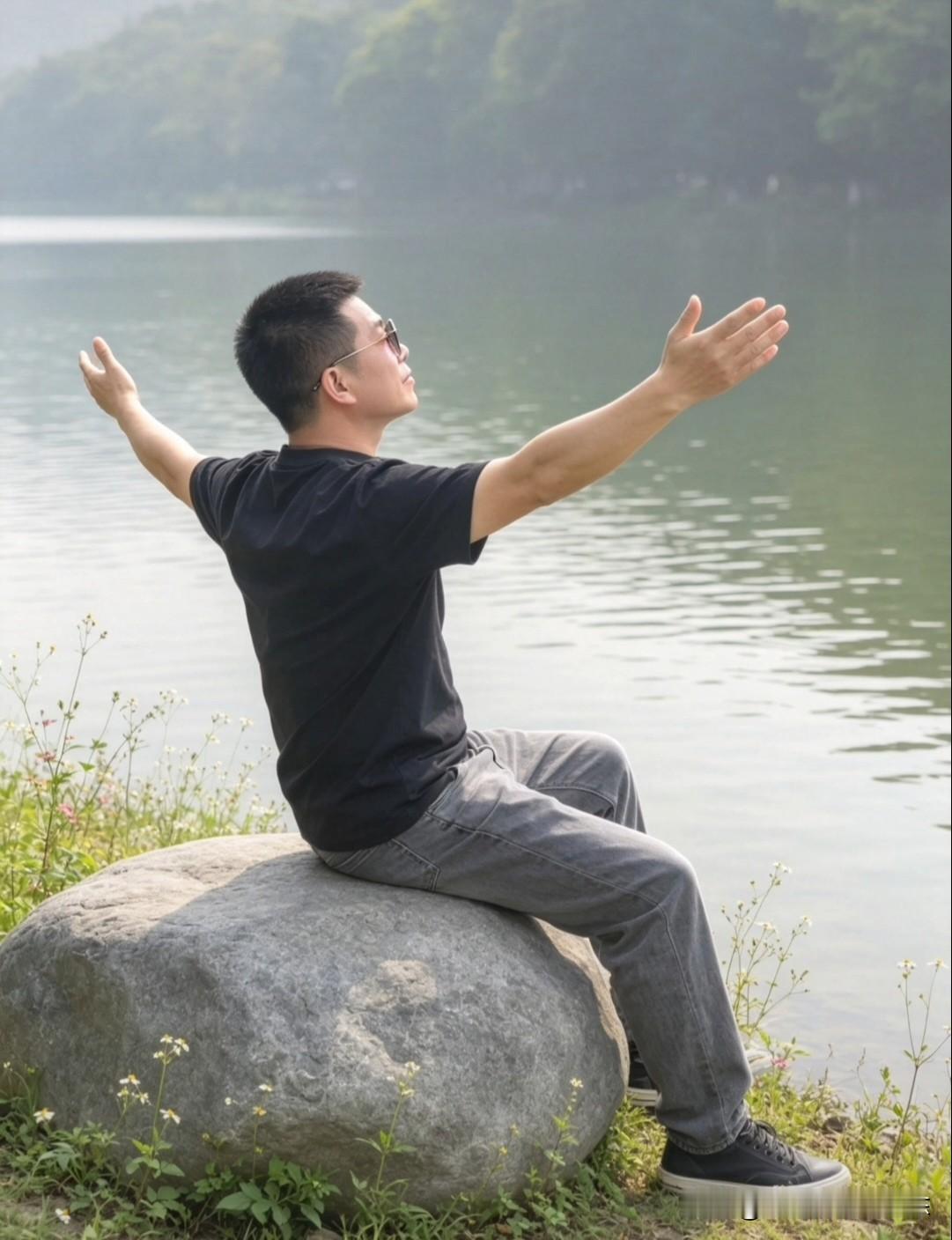偷得浮生半日闲。🌿
坐在湖边的石头上，看波光粼粼，听微风拂过。不需要太多的言语