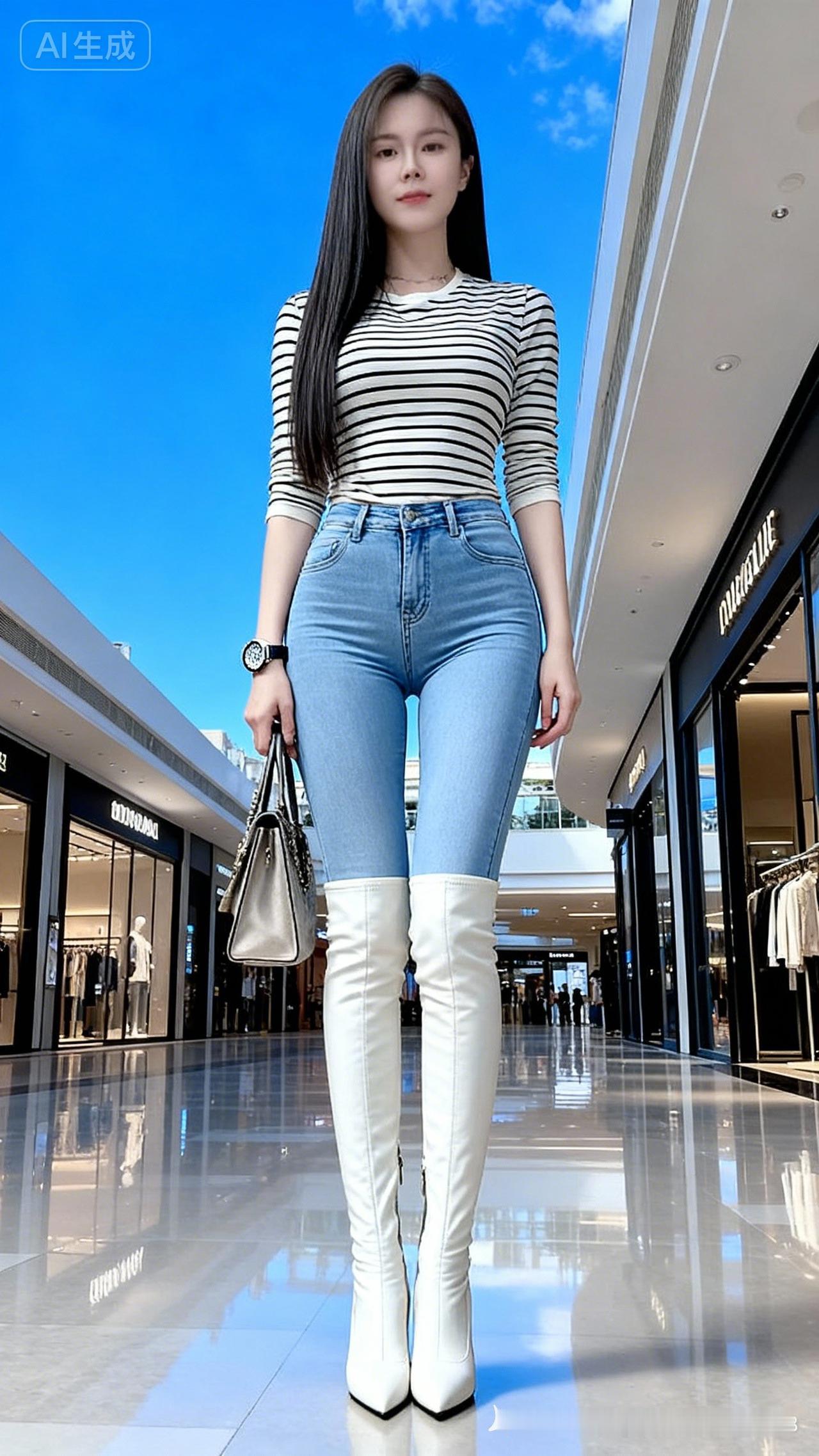 条纹上衣+牛仔裤+高筒靴，都市女孩的完美搭配！