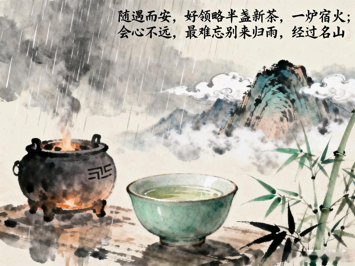 随遇而安，好领略半盏新茶，一炉宿火；会心不远，最难忘别来归雨，经过名山。 ​​​
