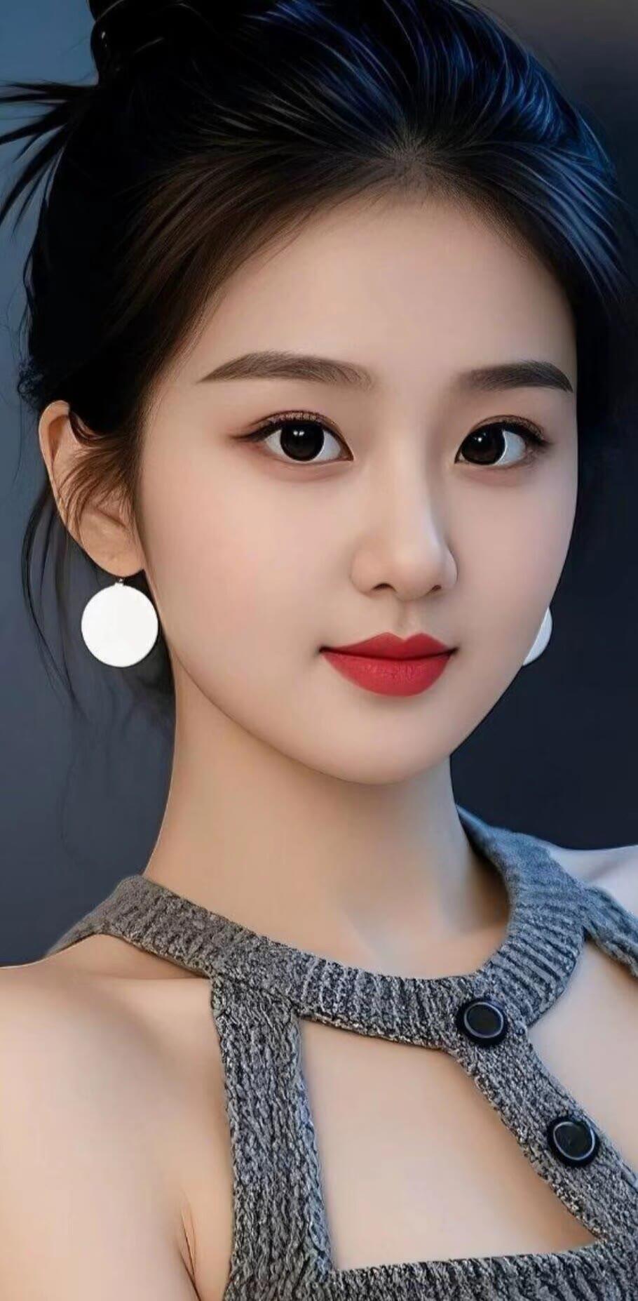 优雅气质，甜美红唇，时尚耳环，灰色针织衫，完美妆容，迷人微笑，女神范儿十足！