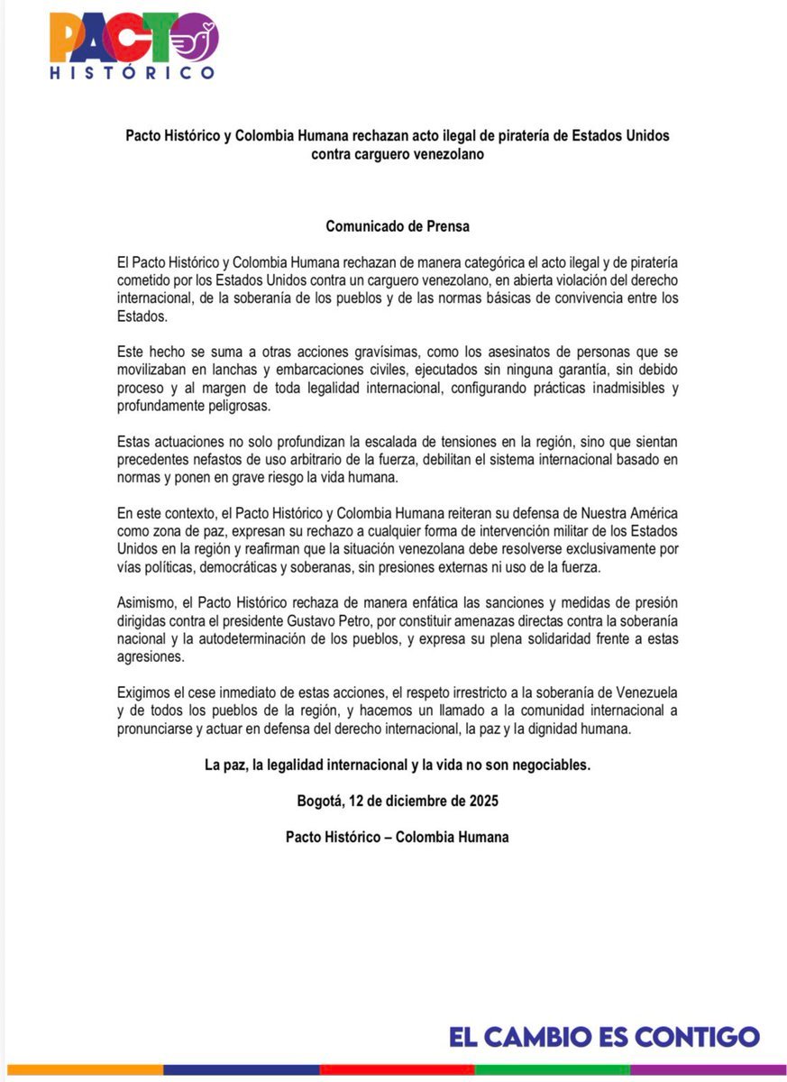 ❗哥伦比亚执政联盟“历史公约”谴责美国对委内瑞拉货船实施的非法海盗行为！玻利瓦尔