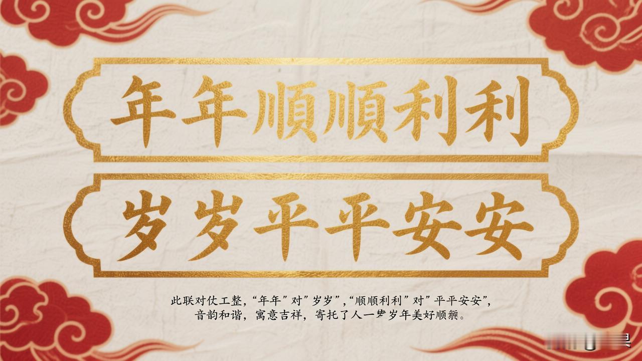 下联：岁岁平平安安

赏析：这幅对联下联“岁岁平平安安”与上联“年年顺顺利利”相