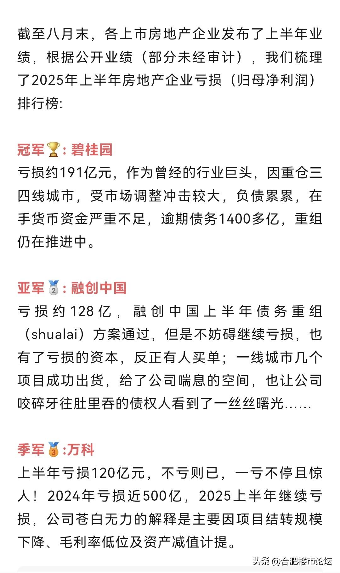 截止到八月份，今年上半年上市房地产公司亏损情况排行榜。第一的是碧桂园，第二的是融