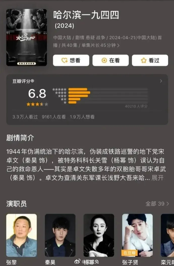 杨幂秦昊的《哈尔滨一九四四》评分出来了，这个分高了还是低了？ ​​​
