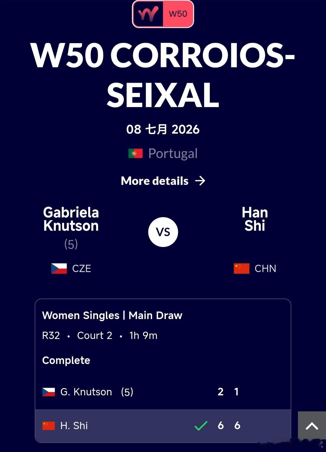 W50塞沙尔站🇵🇹女单第1轮施晗🇨🇳6-2/6-1战胜5号种子努特森🇨